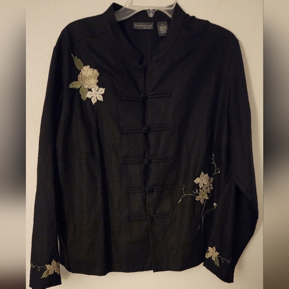 Relativity Women's Black Long Sleeve Embroidered Toggle Button Front Jacket 1X